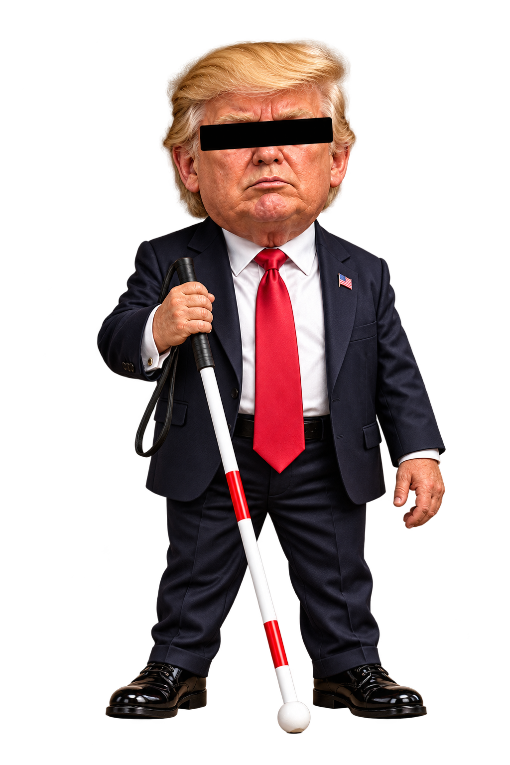 Miniature caricature mascot in a navy suit and red tie, a black censor bar over the eyes, holding a red-and-white mobility cane